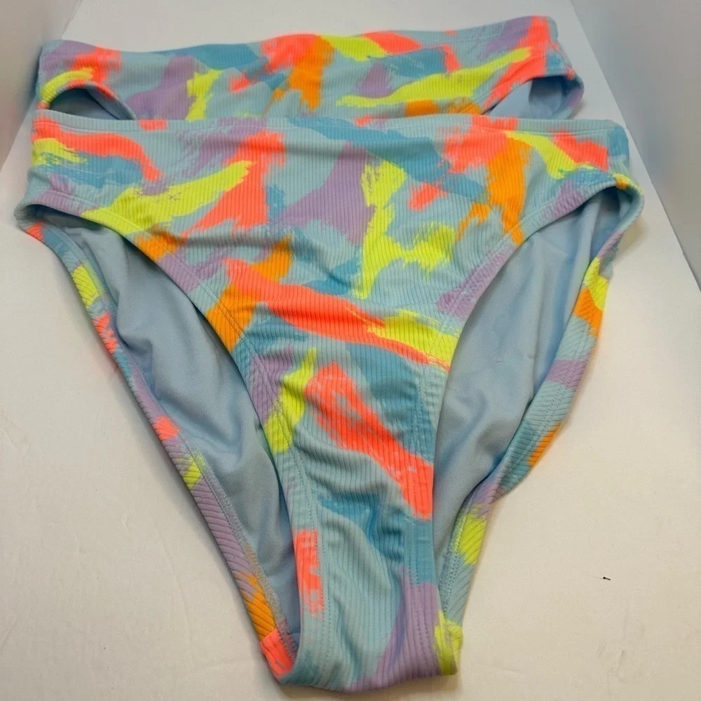 Wild Fabel Light Blue Abstract Ribbed High Leg Cheeky Bikini BOTTOM - size X